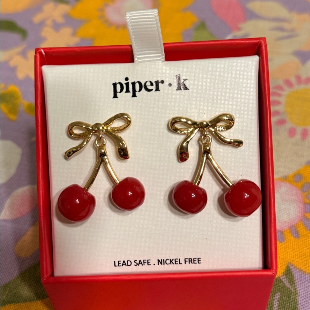 Piper Gold and Red Cherry Earrings for Kids - Picture 3 of 4